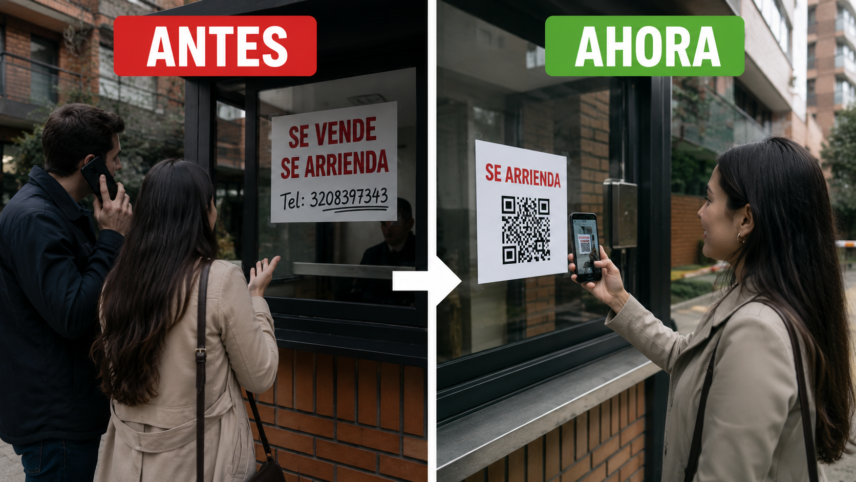 Antes: letrero tradicional con teléfono. Ahora: código QR escaneado con el celular.